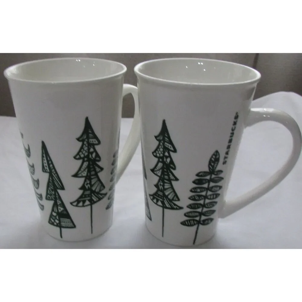 Starbucks 2015 tall coffee mugs set of 2 Christmas Tree green and white tea - Picture 1 of 7